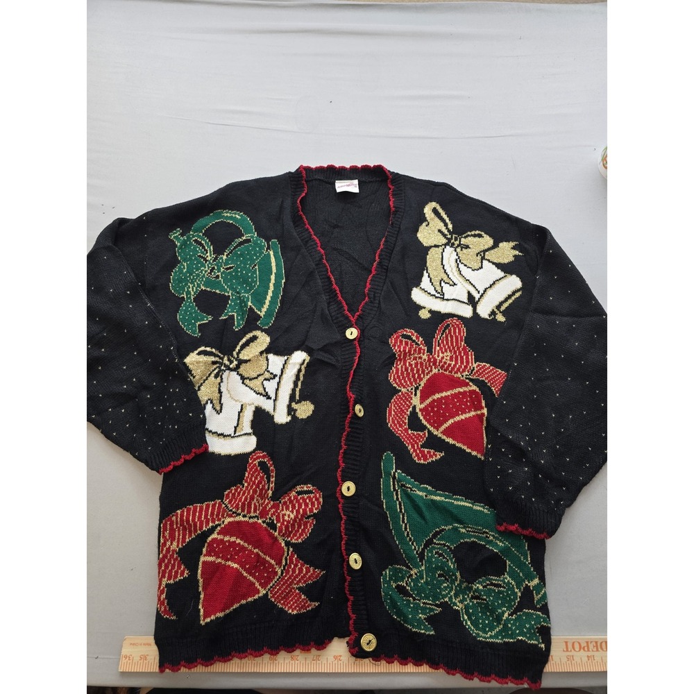 Holiday Time Christmas Cardigan Sweater Black Bells Bows Metallic Gold XL